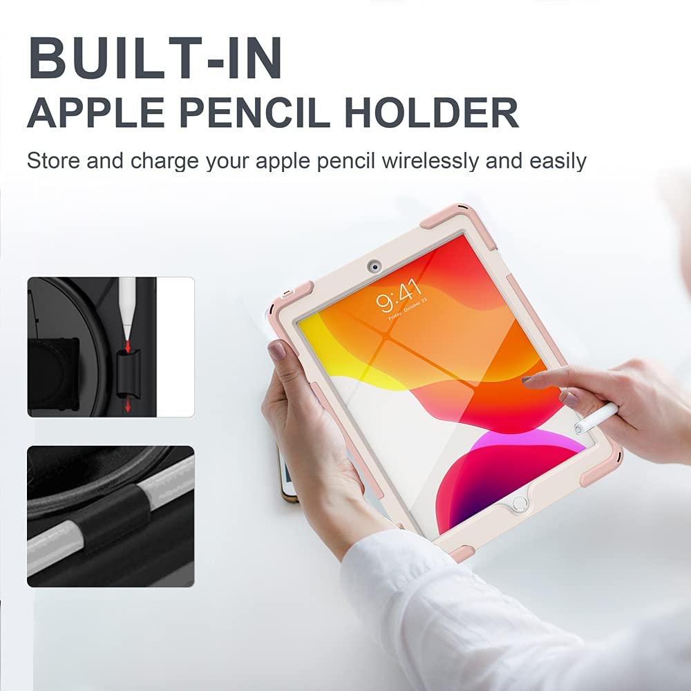 ZenRich Shockproof Case for iPad 9th/8th/7th Generation 10.2 inch 2021/2020/2019, Heavy Duty Rugged Case with Pencil Holder/360° Rotating Kickstand/Handle/Carrying Strap, Pink