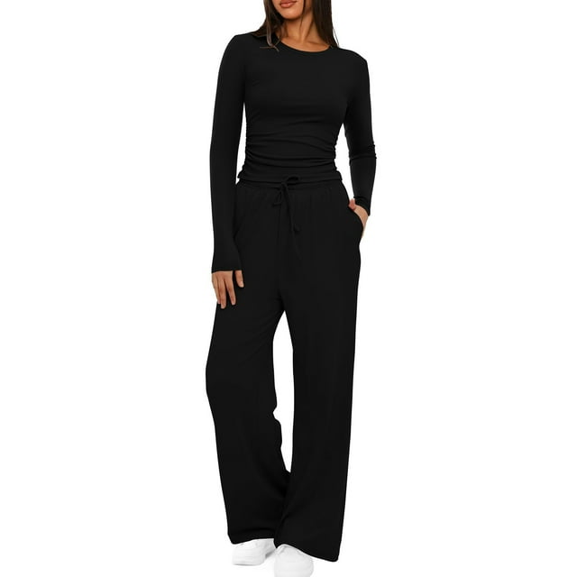 Bjutir Womens Fall Two Pieces Outfits Track Suits Solid Color Long Sleeve Crop Tops Tee Shirts Wide Leg Pants Sets Black