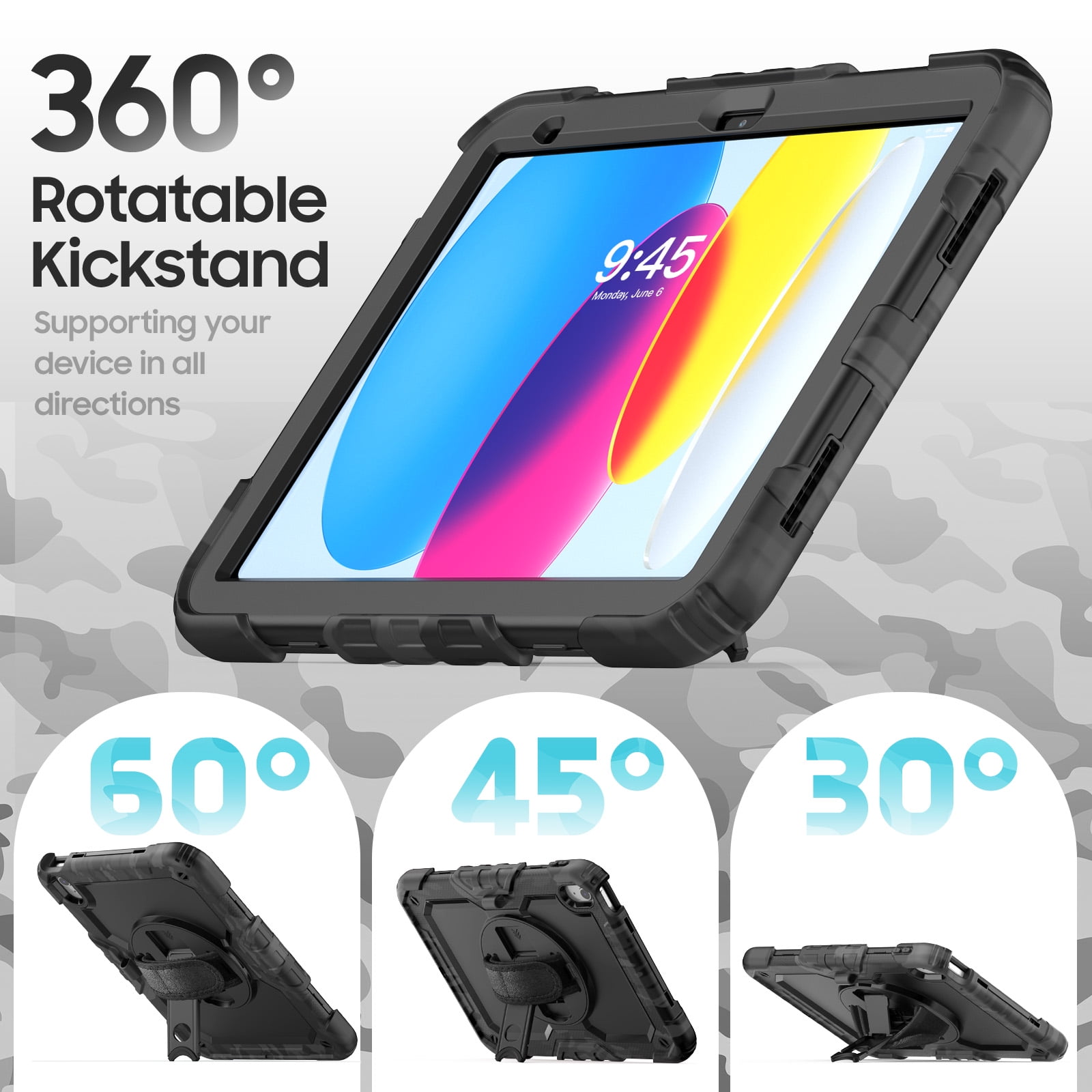 ELEHOLD Rugged Case for iPad 11th(A16) 2025/10th 2022, 360° Rotating Kickstand Hand Shoulder Strap Pencil Holder Built-in Screen Protector Full-Body Shockproof Protective Cover,Black