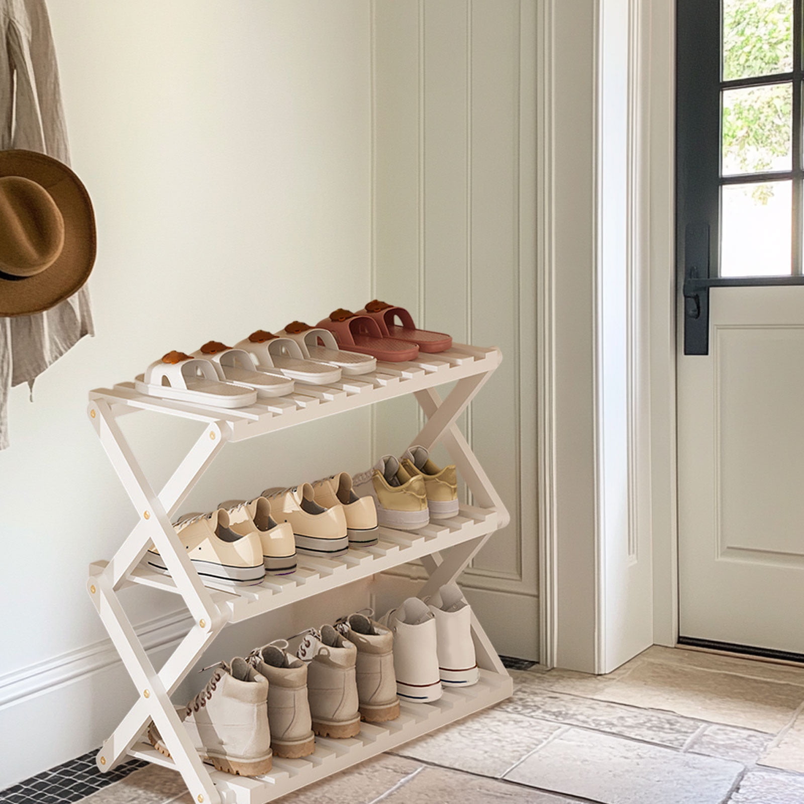 DAMAI 3 Tier Bamboo Shoe Rack,Portable Folding Multifunctional Free Standing Shoe Shelf Storage Shoe Storage Rack,Without Installation Small Shoe Rack Perfect for Corridors,Bedrooms and Small Spaces