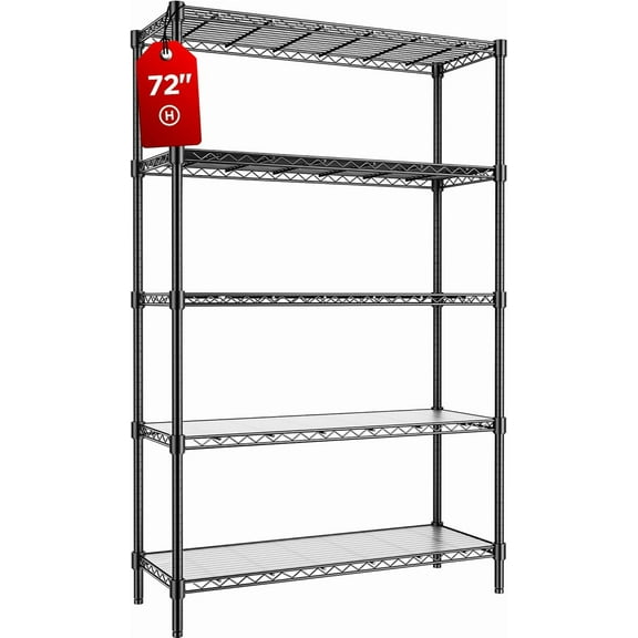 45" W Storage Shelves with Shelf Liners, 5-Tier Adjustable Metal Heavy Duty Garage Shelving, 1875LBS Wire Shelving Unit Storage Rack for Pantry Kitchen Laundry, 45" W x 16" D x 72" H, Black