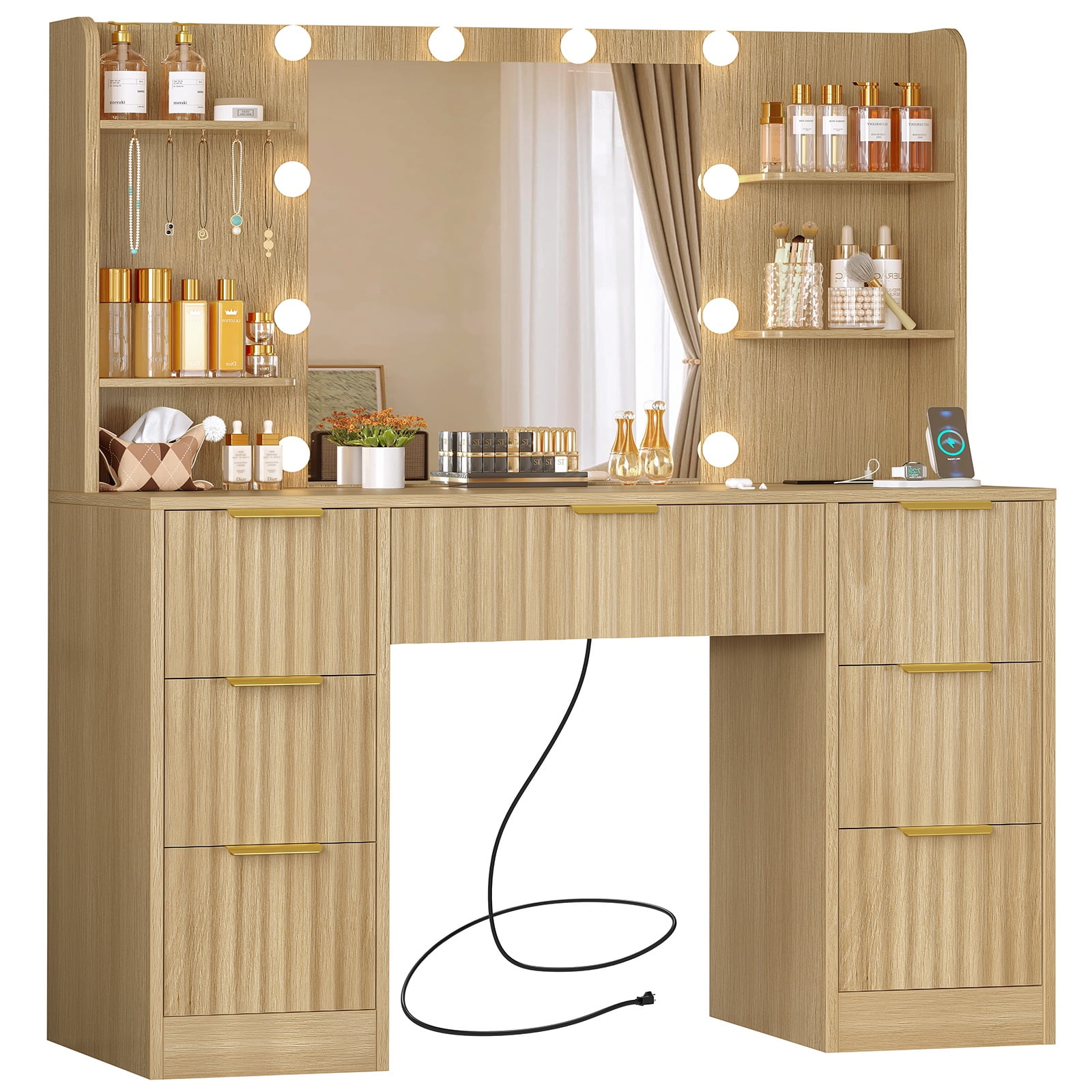 TEENFON Large Makeup Vanity Set with Mirror & Power Outlet, Vanity Desk with 7 Drawers, 4 Shelves and 5 Hooks, Vanity Table, Vanity Desk for Bedroom, Natural