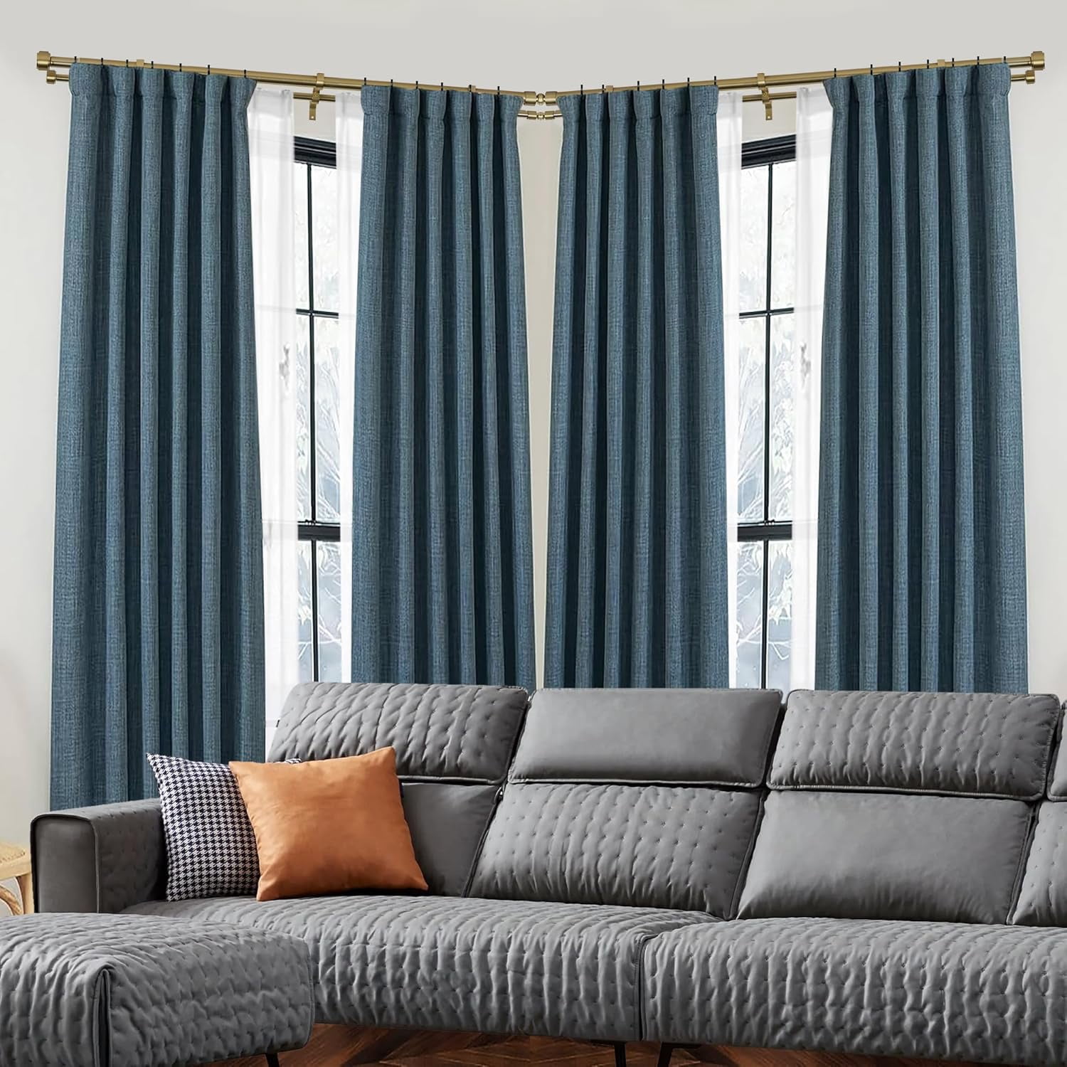 Antique Bronze Double Corner Window Curtain Rods with Aluminum End Cap Finials and Brackets,1 Inch Diameter Dual Bay Window Curtain Rods, Adjustable 2 Sided 32-86 Inch Double Drapery Rod