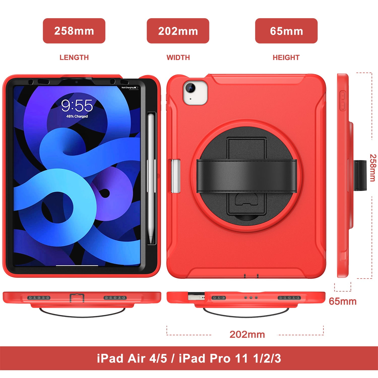 SaniMore for Apple iPad Air 11 2024 Case, 3 Layers Multi-Functional Case with Pencil Holder & Hand Strap Multi-Angle Kickstand Shockproof Protective Case for Women Men, Red