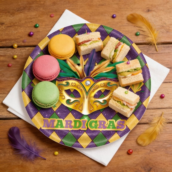 20Pcs Mardi Gras Oval Paper Plates 7" Disposable Heavy Duty Masquerade Dancing Paper Platters New Orleans Brazil Carnival Dessert Plates for Mardi Gras Carnival Party Supplies