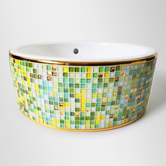 Mosaic Round Vessel Sink | Tile Gold Trim Countertop Basin | Mosaica Verde Collection