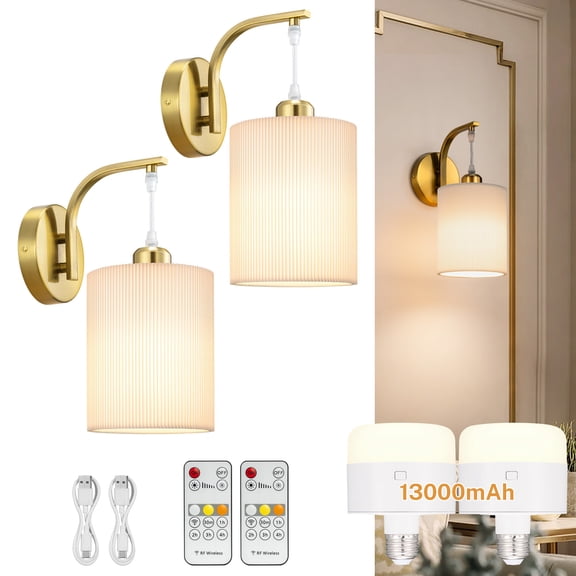 Battery Operated Wall Sconce, Pleated Lampshade Rechargeable Sconces with 13000mAh Bulb, Cordless Wall Sconces Set of 2, Battery Powered Hanging Wall Lamp/Lights for Bedroom, Glod