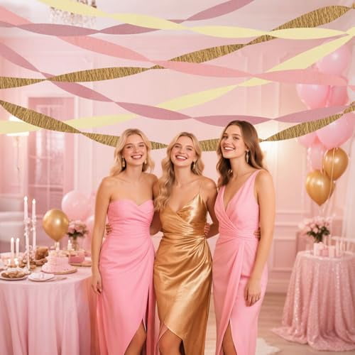 8 Rolls Pink Gold Crepe Paper Streamers for Wedding, Birthday, Bachelorette, Bridal Shower and Baby Shower Party Decorations