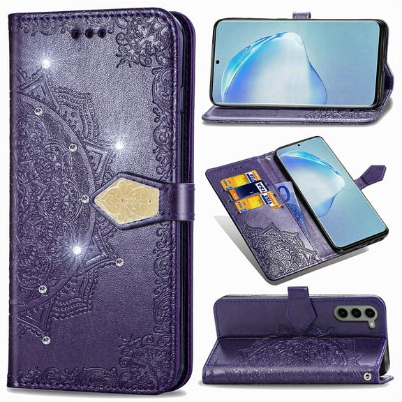 Wallet Case for Samsung Galaxy S21, Glitter PU Leather Magnetic Closure Handbag Embossed Case Kickstand Card Holder Slots with Wrist Strap TPU Shockproof Flip Cover RFID Blocking, Purple