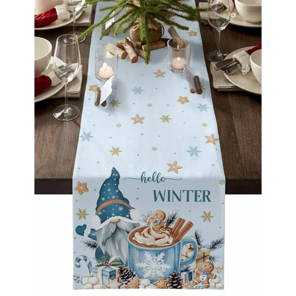 Christmas Table Runner Gingerbread Man Gnome Table Runners Hot Cocoa Blue Hello Winter Cotton Linen Dresser Scarf Kitchen Dining Table Decor for Christmas Holiday Party Decor 13x72 Inch