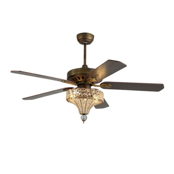 52inch Indoor Vintage Crystal Reversible Ceiling Fan with Light Remote Control, 5 Blades Down Rod Chandelier Ceiling Light Fixture Brown