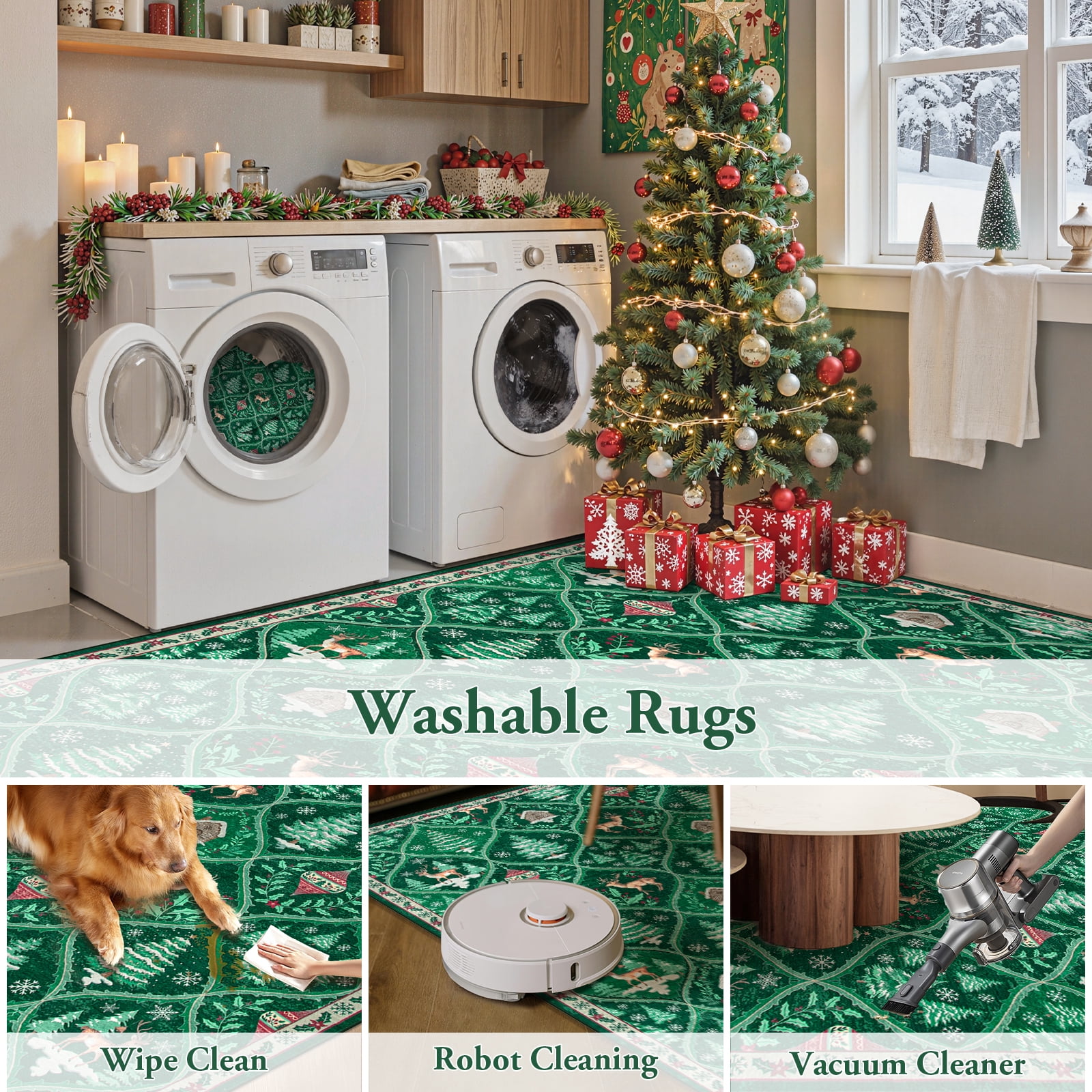 Moynesa 5'x7' Christmas Area Rug for Living Room,Green Rug Xmas Tree Modern Rug Kitchen Rug Washable Rug Non Slip Moroccan Carpet Holiday Decor Geometric Soft Accent Rug for Bedroom Dining Room