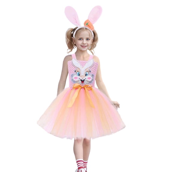 Adeawade Dresses For Girls 7-8 Years Short Sleeve Easter Bunny Dress For Tutu With Anime Rabbit Design Party Gown For Kids Round Neck Cute Playsuit Multicolour