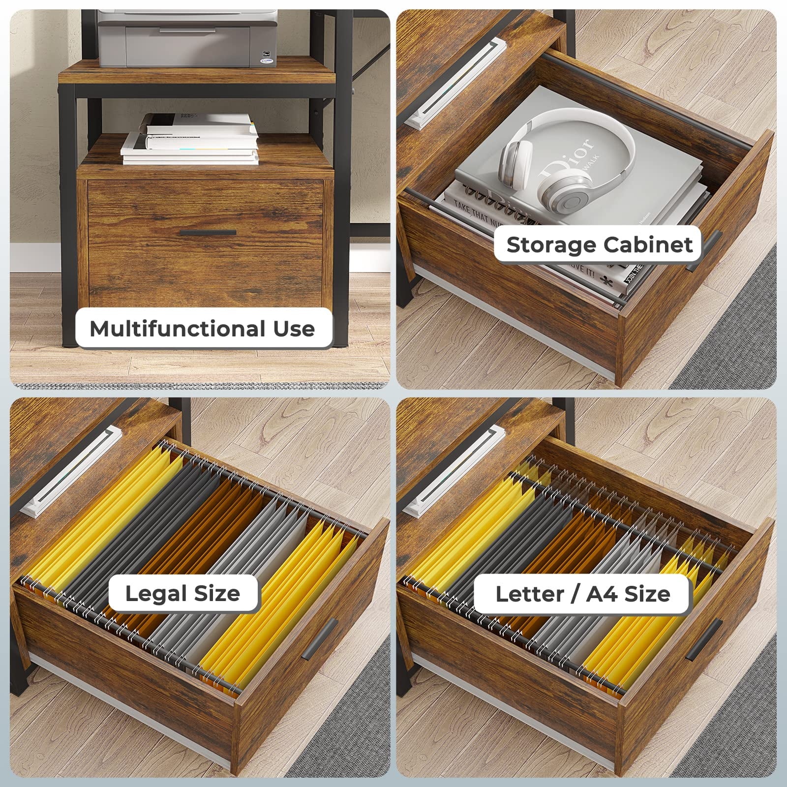 L Shaped Desk with Power Outlet and LED Lights, Corner Computer Desk with File Drawer for Home Office,  Gaming Desk,  Rustic Brown