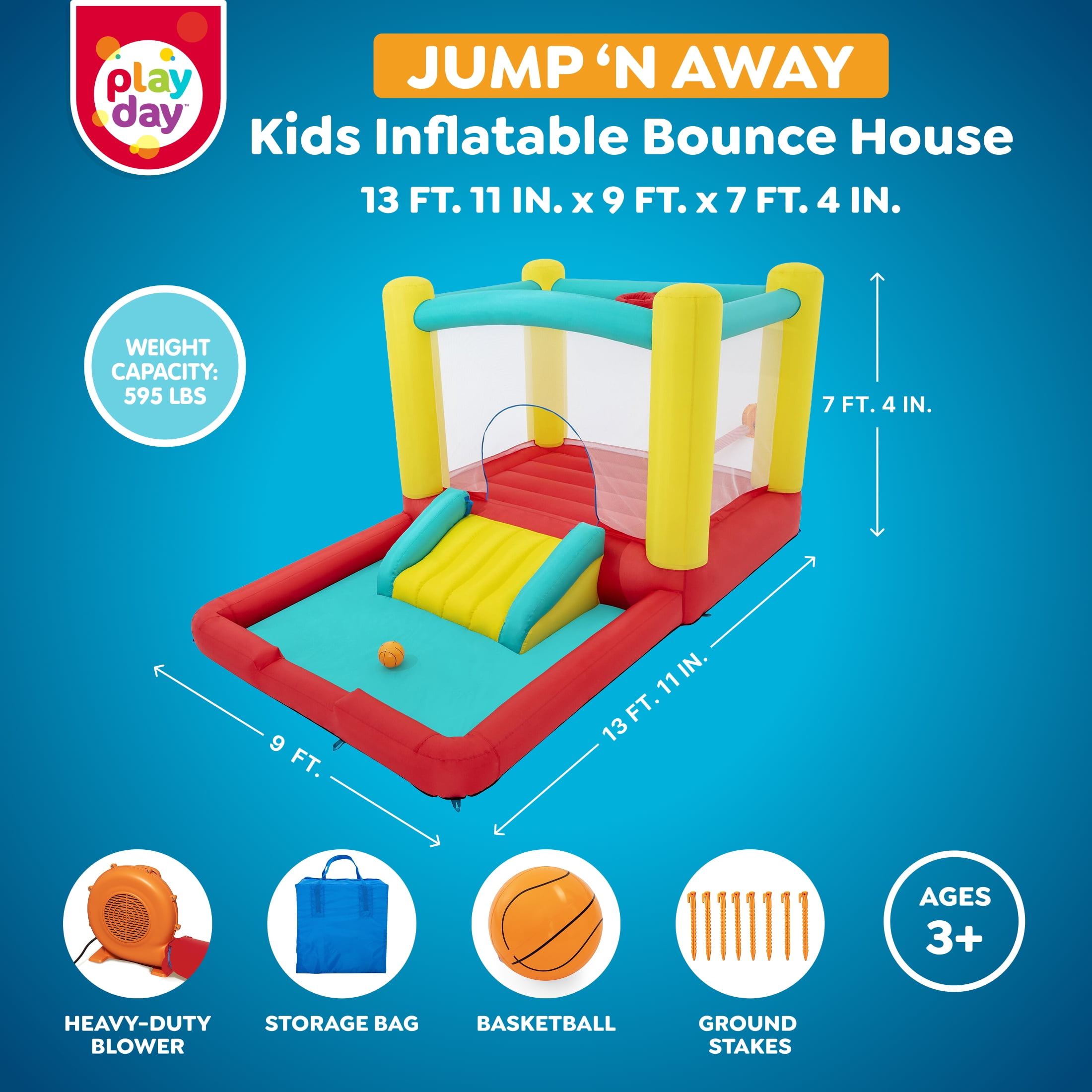 PlayDay Jump 'N Away Inflatable Bounce House with Play Features, Indoor/Outdoor, Ages 3+