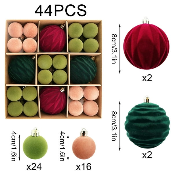44 piezas de bolas de terciopelo navideño • Set de adornos de árbol de Navidad de plástico flocado – Adornos decorativos colgantes rojos y verdes 8cm 4cm • Decoración festiva duradera para árbol de