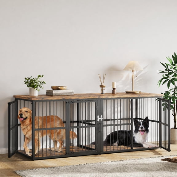 87 in Extra Large Double Dog Crate Furniture with Divider, Heavy Duty Kennel with 3 Lockable Doors, Wooden Indoor Pet House TV Stand for 2 Small Medium Large Dogs, Black