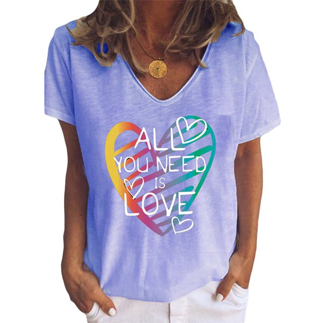 Hauts Chics pour Femmes Imprimé Plume Cœur Manches Courtes Tee-Shirt Blouse Été Décontracté Ample Graphique P-3TG