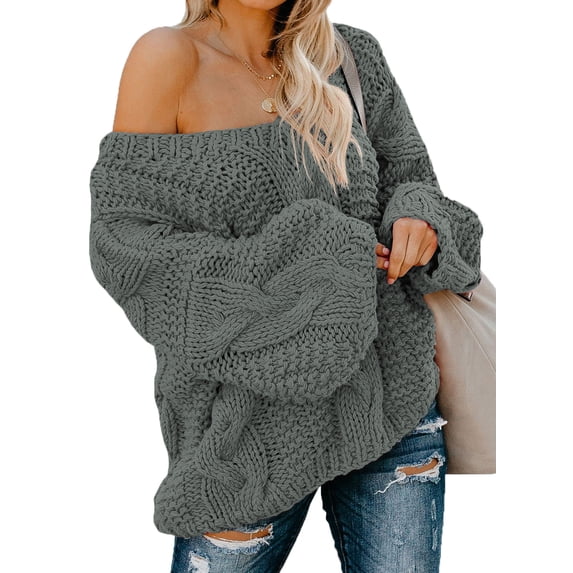 Asyoly Women Ribbed Cable Knit Sweater Long Sleeve Solid Color Off Shoulder Sexy Deep V Neck Casual Loose Pullover Oversized Jumpers