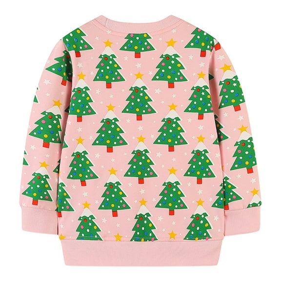 Zwiiyzr Boys And Girls Fleece Lined Long Sleeve Pullover Christmas Tree Printed Tunic Top Suitable For 2-7 Years Pink