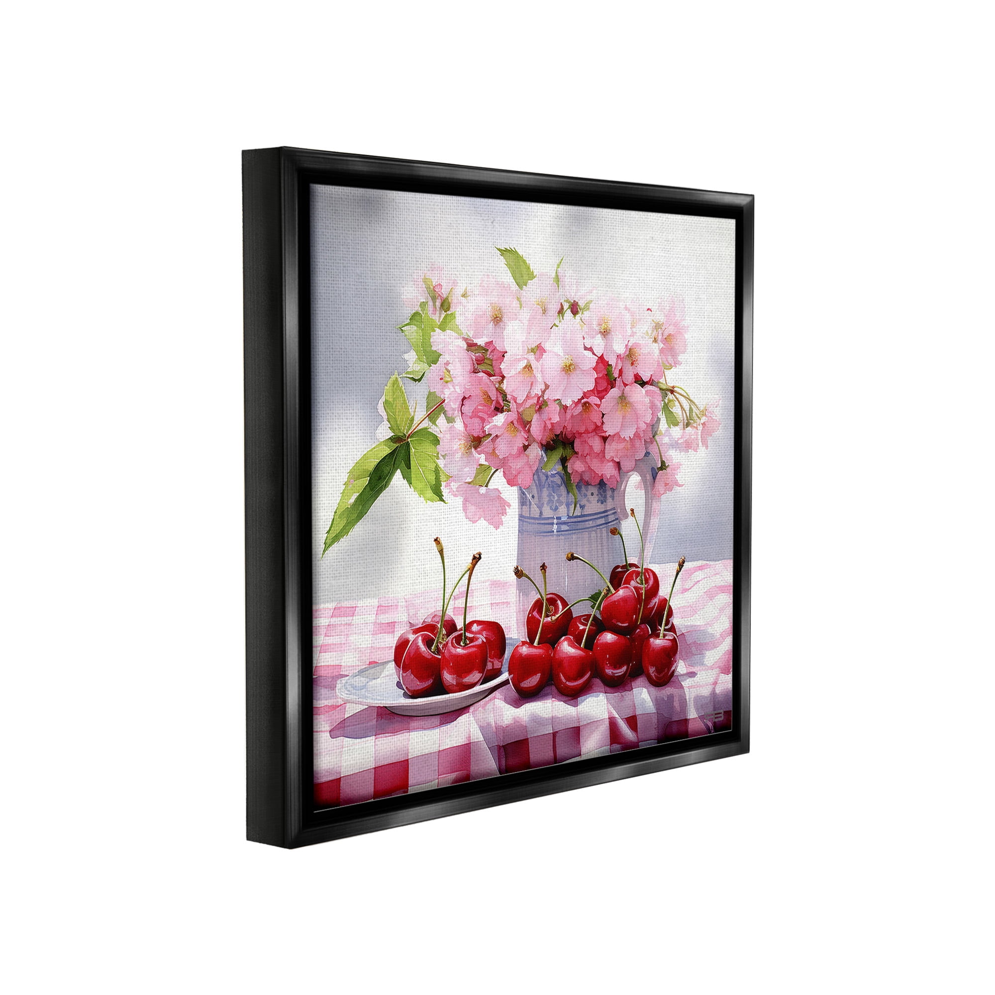 Stupell Industries Cherries & Blossoms Bouquet Botanical & Floral Painting Black Floater Framed Canvas Art Print Wall Art, 25 x 25