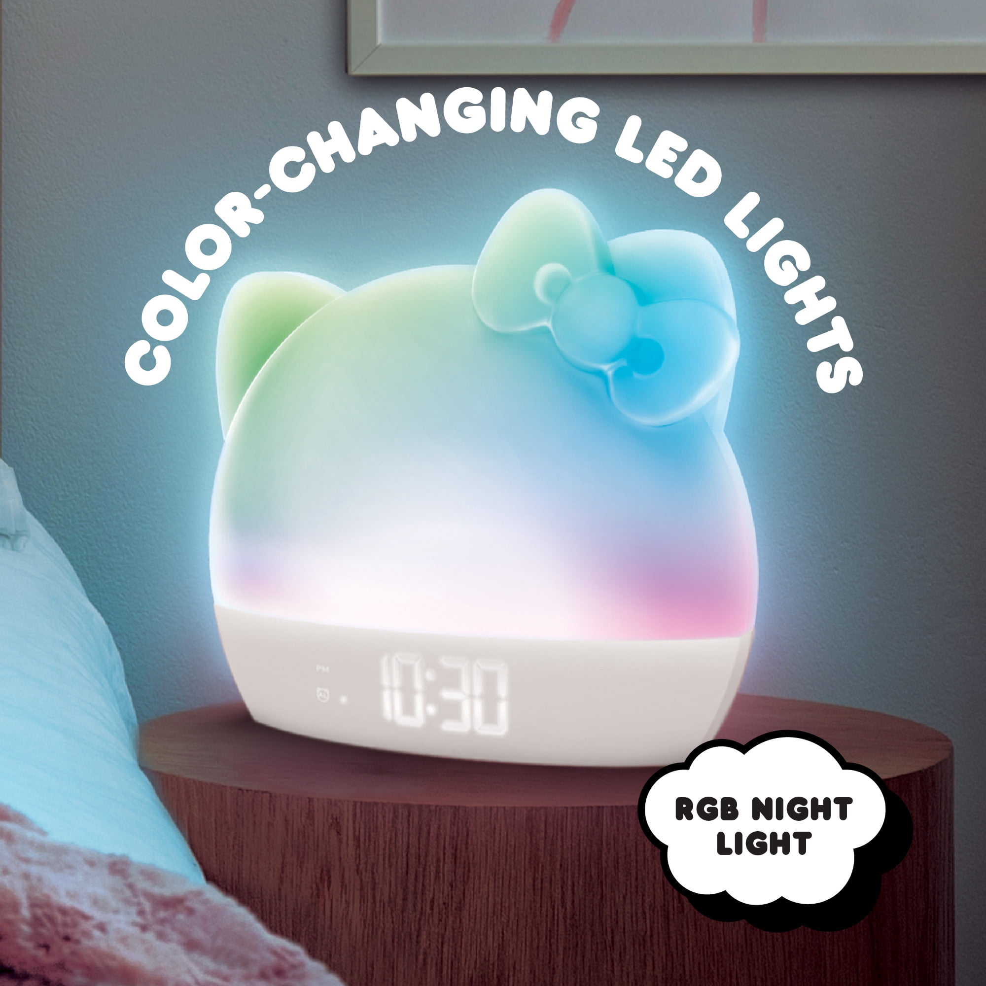 Hello Kitty Sunrise Alarm Clock with Wake-Up Light, RGB Color-Changing Night Light & Ambient Lamp, LED Time/Date/Temperature Display, USB Powered with Device Charging Port (White)