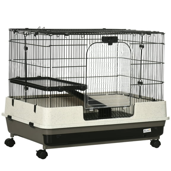 Noaman PawHut 26" Small Animal Cage with Wheels, 2-Level Portable Bunny Cage for Rabbits/Ferrets/Chinchillas, White & Black Metal Wire Cage with Removable Tray & Ramp