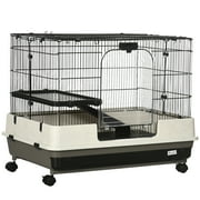 26" Small Animal Cage with Wheels, 2-Level Portable Bunny Cage, Chinchilla Ferret Cage with Removable Tray, Platform and Ramp
