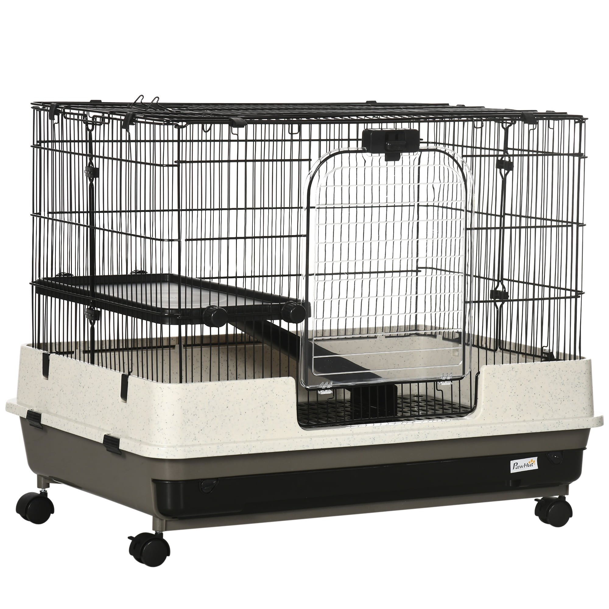 26" Small Animal Cage with Wheels, 2-Level Portable Bunny Cage, Chinchilla Ferret Cage with Removable Tray, Platform and Ramp