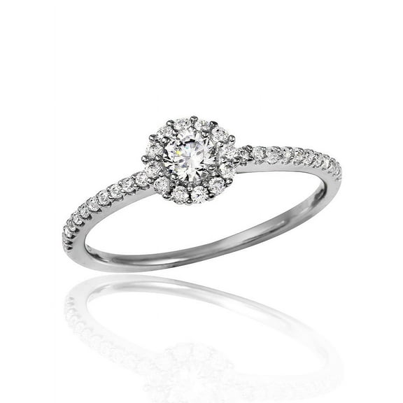 Clear Pave Set Cubic Zirconia Small Halo Flower Design Ring Rhodium Plated Sterling Silver Size 9