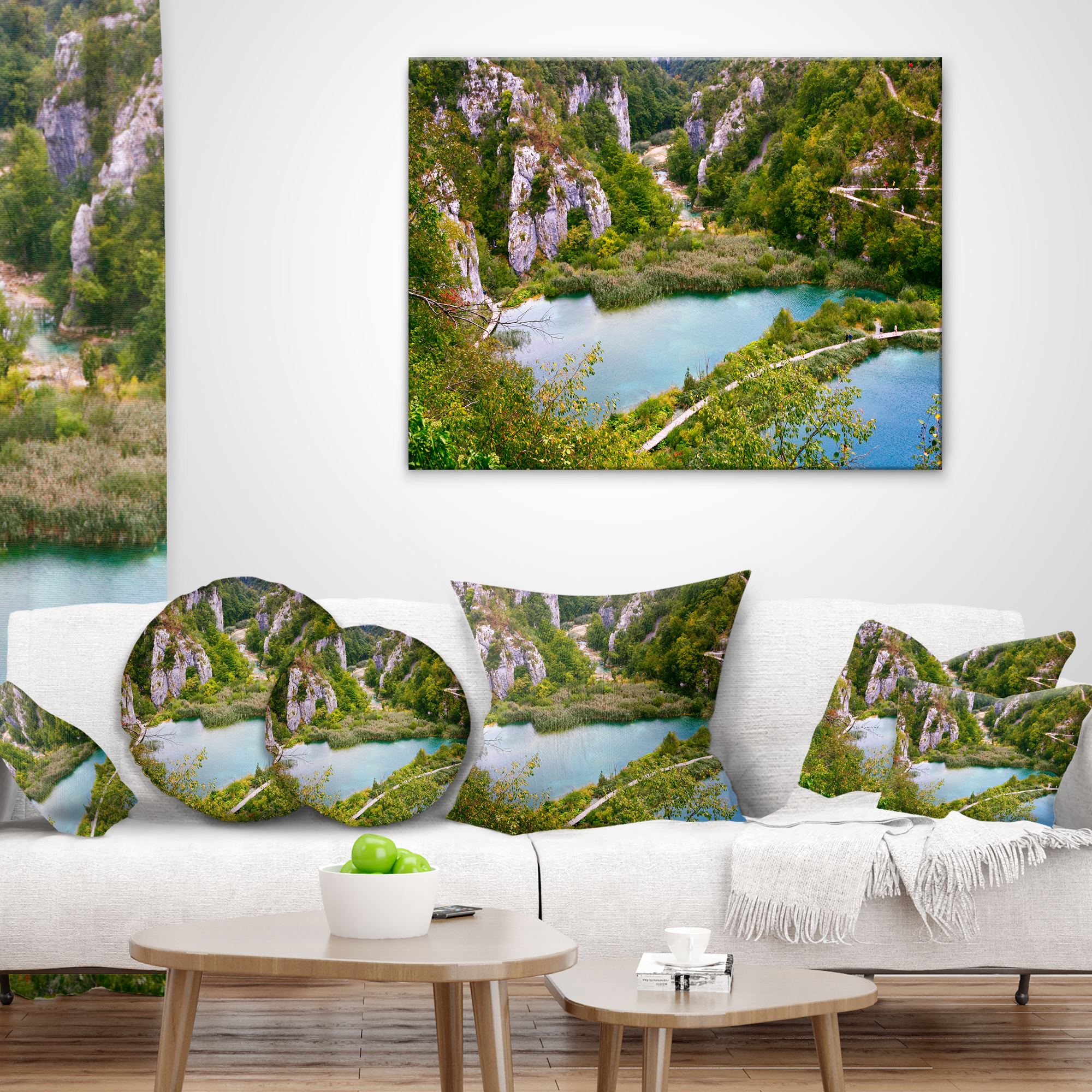 Designart Plitvice Lakes Long View - Landscape Photo Throw Pillow - 12x20