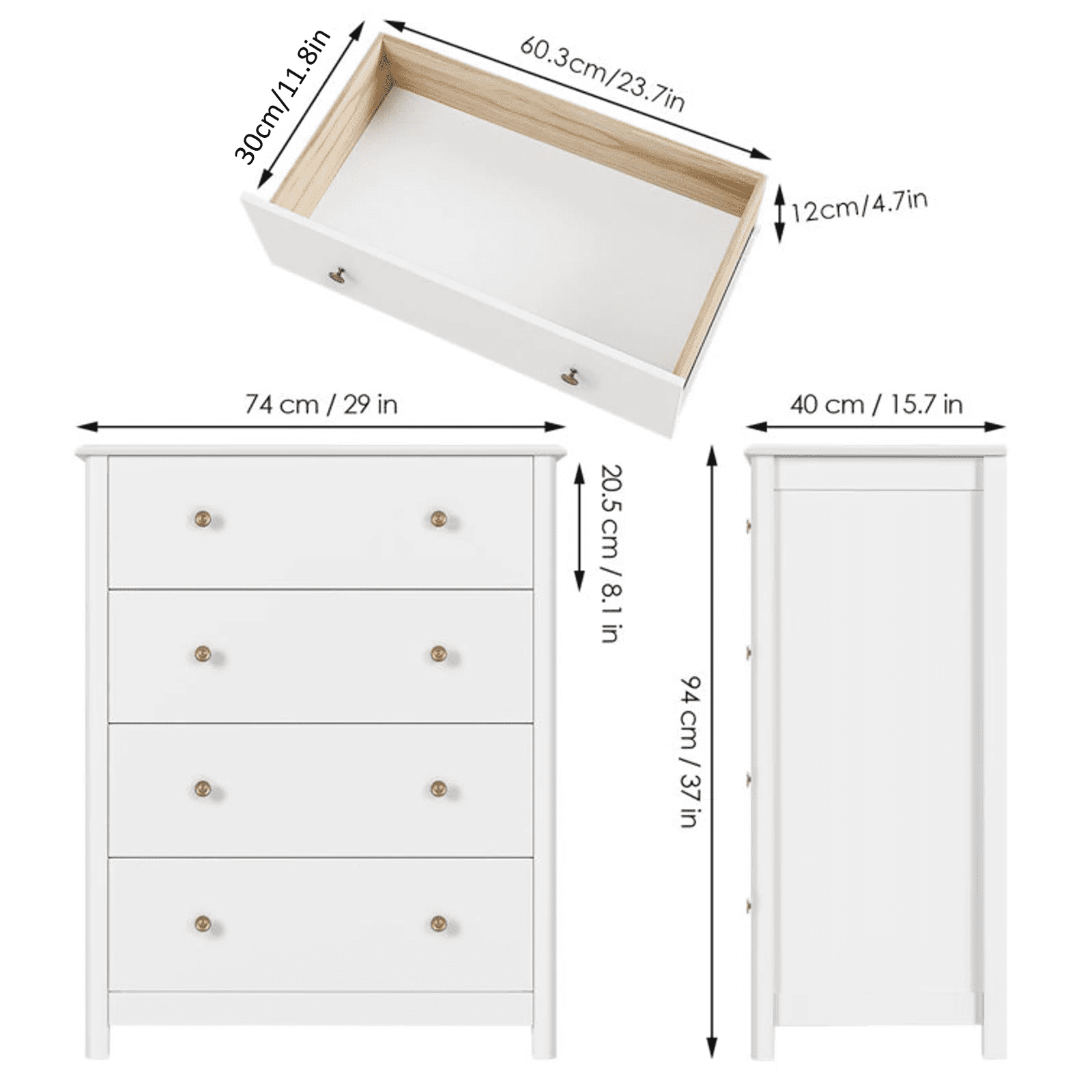 Homfa Vertical Dresser with 4 Drawer, Wide Chest of Drawers Nightstand for Bedroom Closet Entryway, White