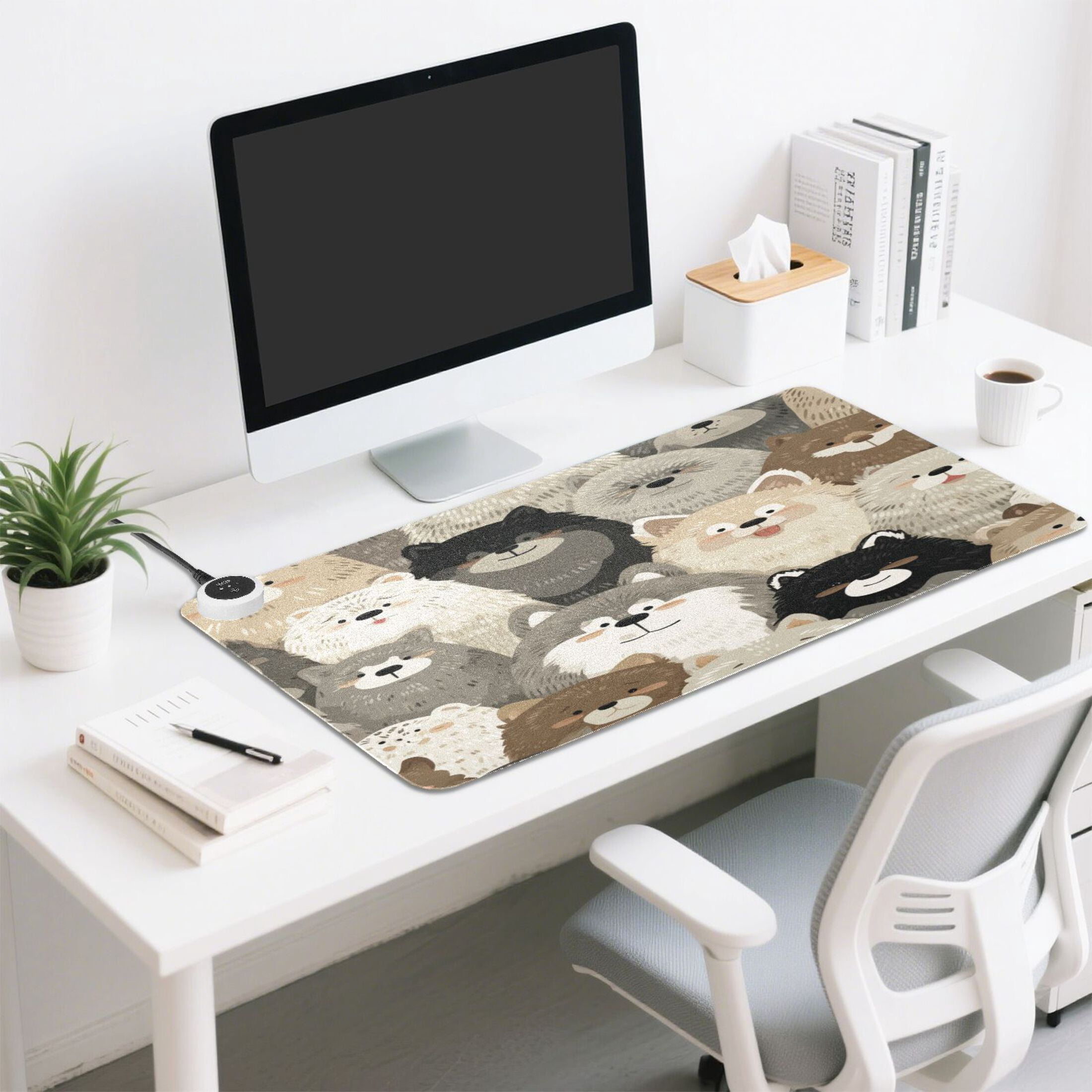 Large Heated Desk Mat Mouse Pad 31.5"x13"PU Leather Graphene Heating Desk Warmer with 3 Temperature Settings 110V US Plug Non-Slip Warm Pad for Home, Office, and Gaming Cute Fluffy Fur Family