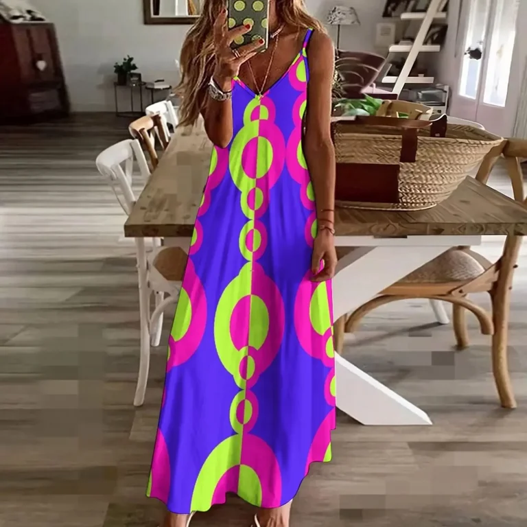 Retro 960's Disco Pattern Neon pink green purple Sleeveless Dress women dress  dresses womens 2025 Dress - Walmart.com