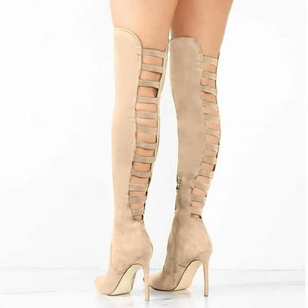 

LnjYIGJ Women s High-Heels Over-the-Knee Boots Women s Super High Heel Side Zipper Back Hollow Suede Over The Knee Boots