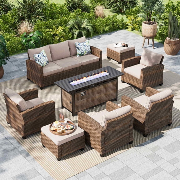 MF Studio 9-Seater Outdoor Patio Furniture Set with Fire Pit Wicker Patio Conversation Set Beige