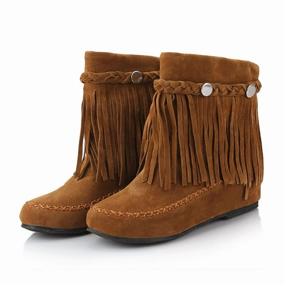 SACFOF Women's Suede Tassel Cowboys Ankle Boots,Classic Vintage Round Toe Slip On Hidden Wedge Heel Low Heel Western Short Boots Dress Booties