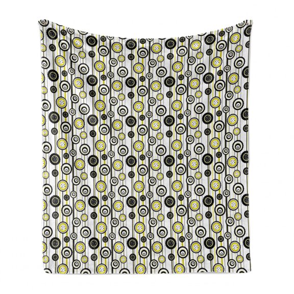 Abstract Soft Flannel Fleece Blanket, Circular Flower Petals Dots on Minimal Vertical Striped Background, Cozy Plush for Indoor and Outdoor Use, 60" x 80", Charcoal Grey and Yellow, by Ambesonne