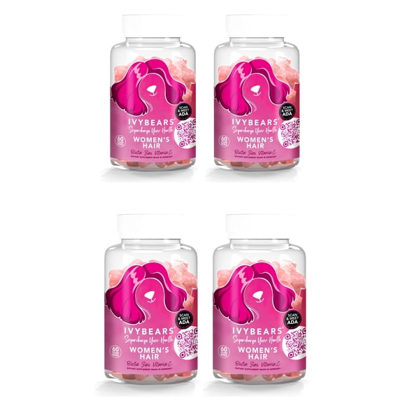 IvyBears Women's Hair Vitamin Gummies with 500 mcg Biotin, Folic Acid & Zinc, Vegan Hair Growth Support, 60 Count, pack of 4