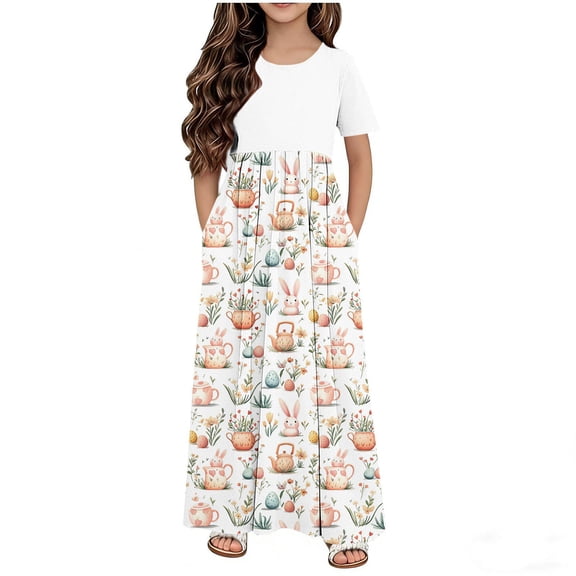 Girls' Easter Dress with Pockets, Pastel Bunny Print Maxi Sundress, Stretchy Spring Church Outfit for Kids Ages 4-14,Size 5-6 T