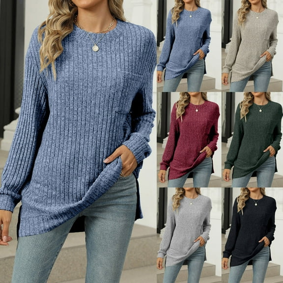 ATOYSOY Solid Color Tops Side Split Round Neck Pullovers Casual Ribbed Long Sleeve Sweatshirts Loose Knitted Shirts with Pockets for Women Outwear Fall Trendy Green L