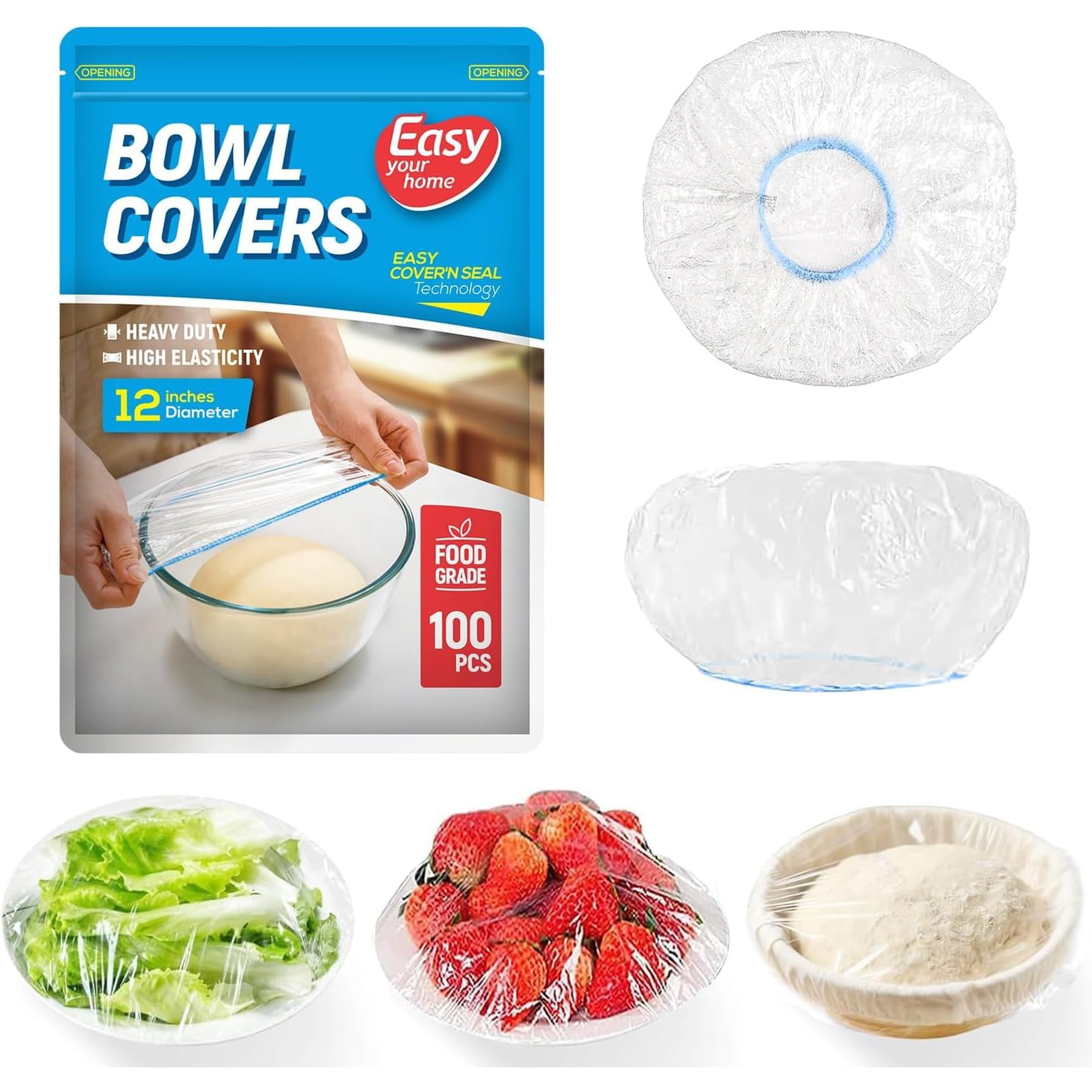 100PCS 12Inch Bowl Covers Food Cover Dish Covers Elastic Stretch Food Storage Lids BPA-Free Plastic Wrap for Sourdough Proofing Meal Prep Fresh Keeping