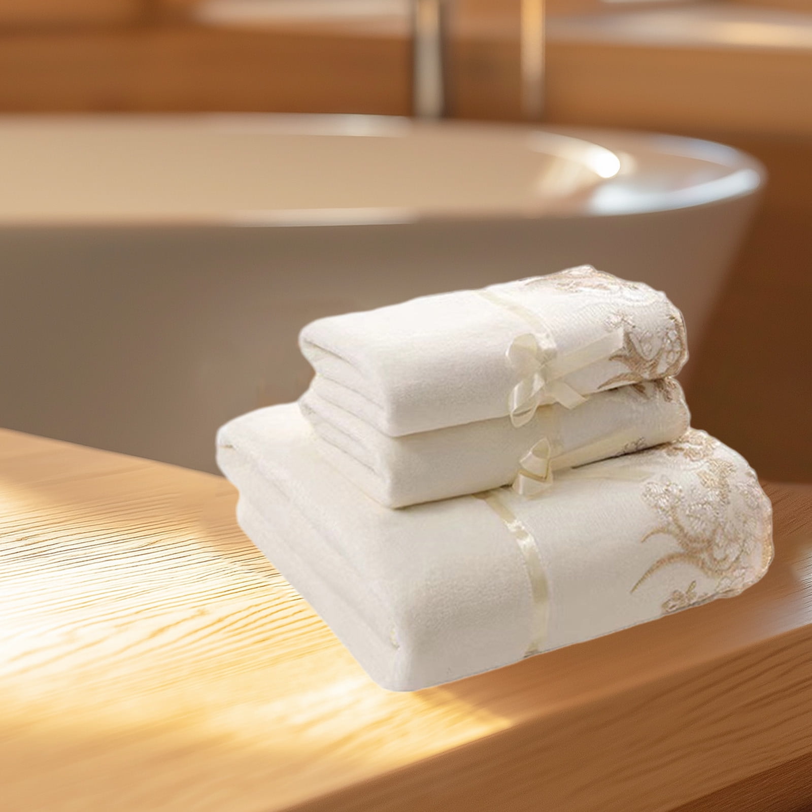 3-Piece Embroidered Bath Towel Set - Soft Absorbent Cotton Gift Towels with Lace Trim for Spa/Bathroom (White)​
