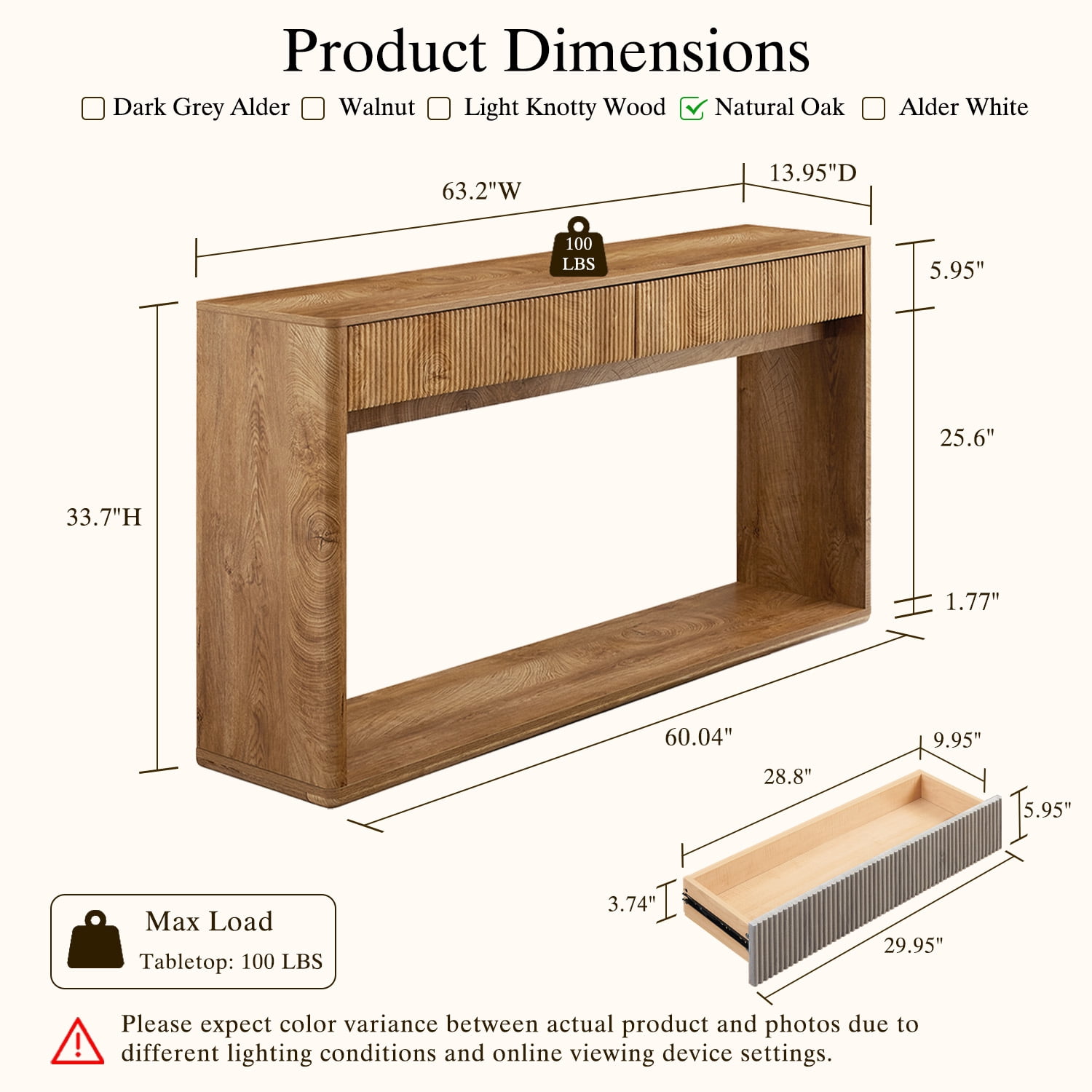 KeyWhat 63" Fluted Console Table with 2 Drawers, Modern Entryway Sofa Table with Anti-Tip Kit, Sturdy Long Console Table for Living Room, Hallway and Foyer , Light Knotty Wood