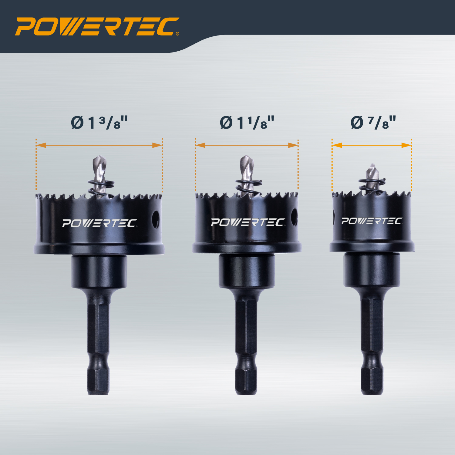 POWERTEC 3pcs Impact Hole Saw Set for Metal & Wood - Includes 7/8", 1-1/8", 1-3/8" M42 High Speed Steel Blade, High Carbon Steel Body, 1/4" Hex Shank for Impact Drivers & Drills (14910N)