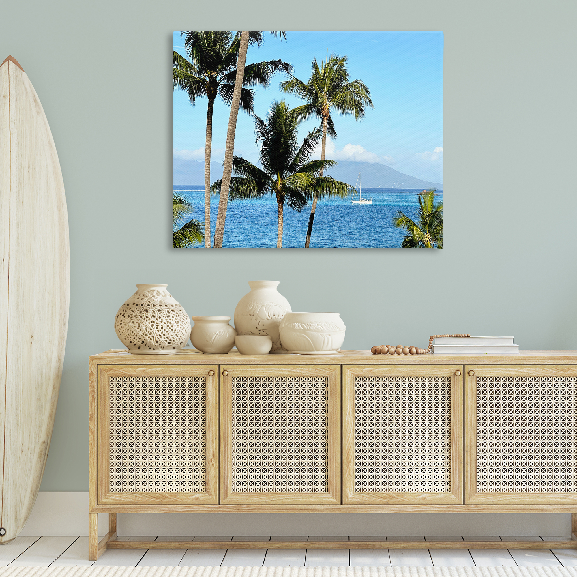 Stupell Industries Palm Trees & Sailboat Landscape Photography Gallery Wrapped Canvas Art Print Wall Art, 48 x 36