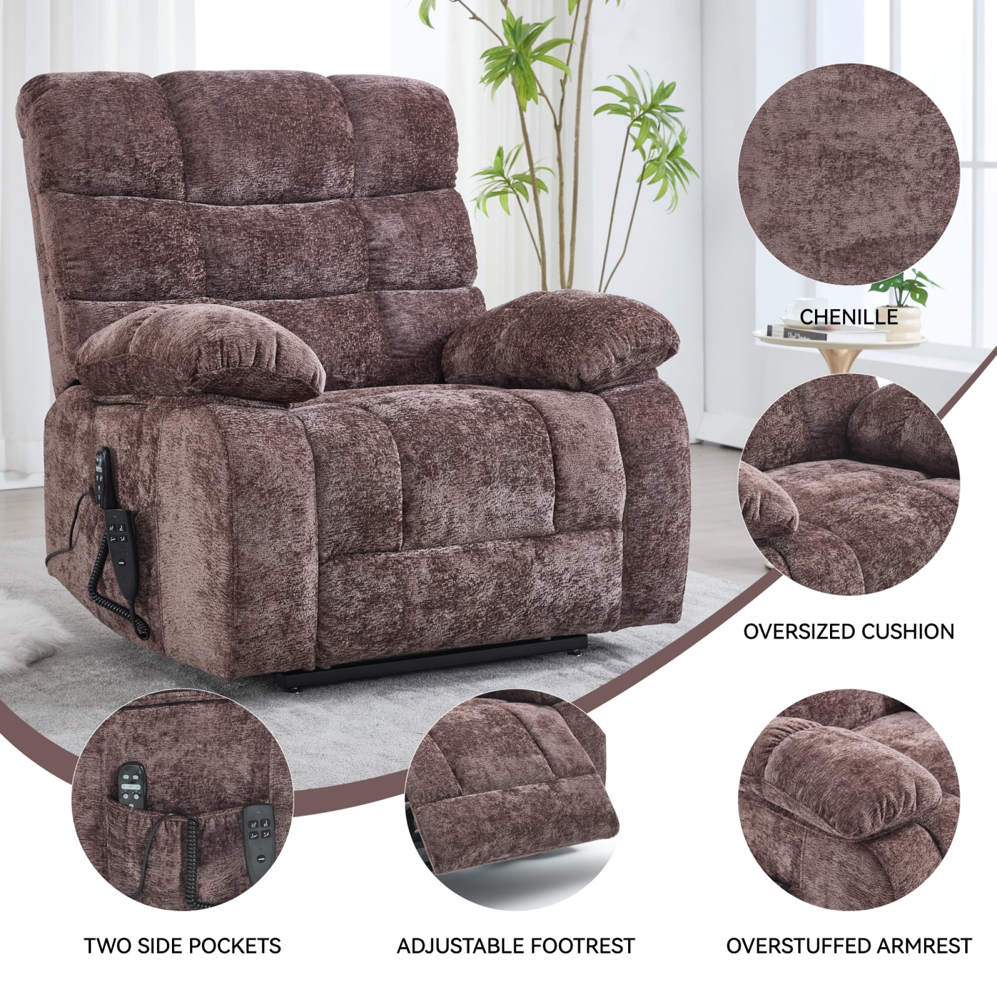 Leumius Large Power Lift Recliner Chair for Elderly,Heavy Duty Chenille Recliners with Massage and Heating for Living Room,Brown