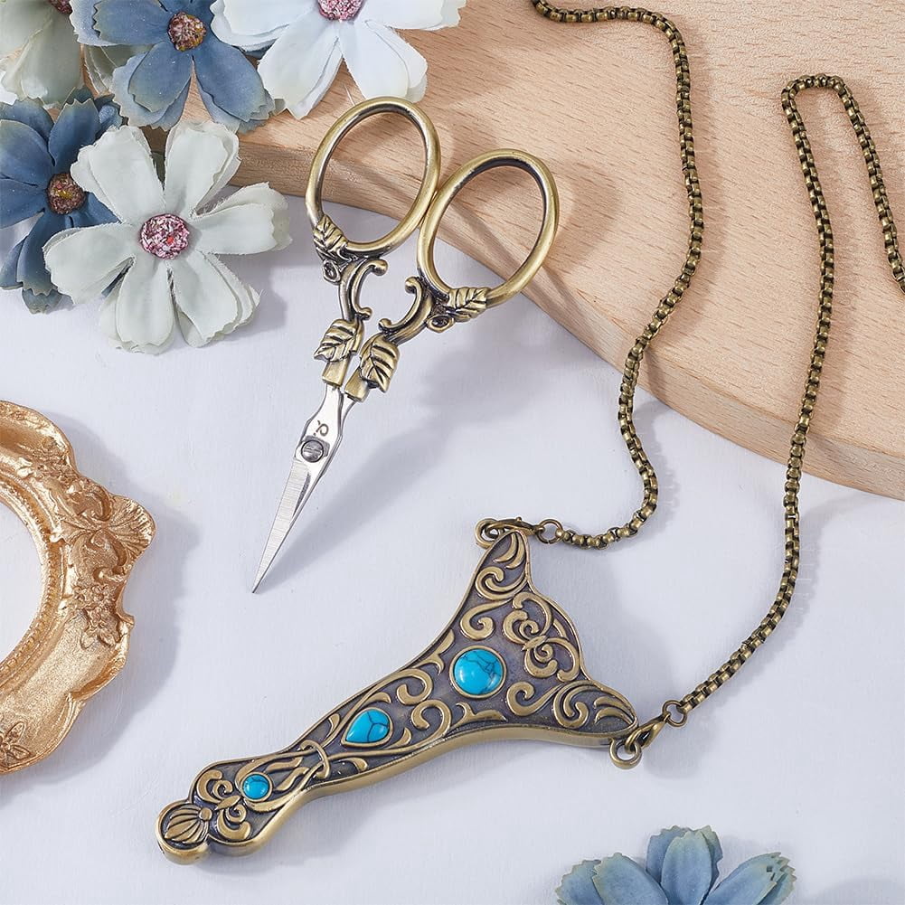 4 Inch 1pc European Scissors Small Sewing Scissor Chains Turquoise Embroidery Style Stainless Steel Necklace Blade Shears for Cutting Fabric Needlework Tools Craft Supplies Women Adult Bronze