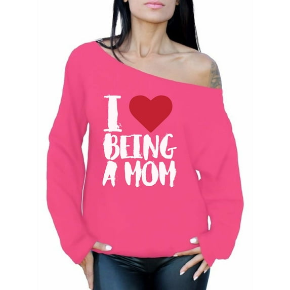 Awkward Styles Women's I Love Being A Mom Heart Graphic Off Shoulder Tops Oversized Sweatshirt White Mother's Day Gift