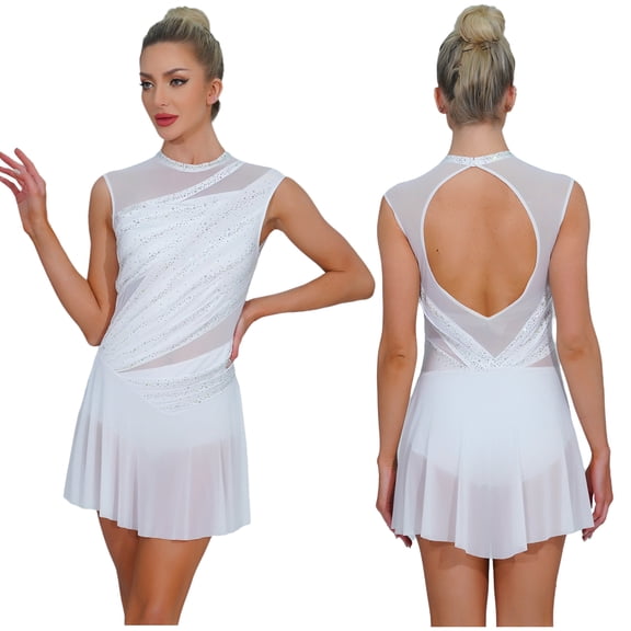 SiiRoh Women Lyrical Dance Dress Rhinestone Figure Skating Dresses Sleeveless Ballet Dancewear White S